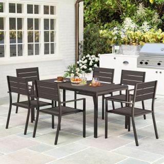 7 Piece Garden Furniture Set Outdoor Dining Set w/ Stackable Chairs Dark Brown